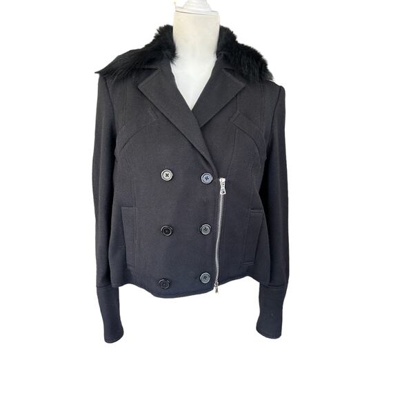 Jenni‎ Kayne Jacket Pea Coat XS Black Wool Fox Fur Collar Crop Silk Designer - Picture 2 of 14